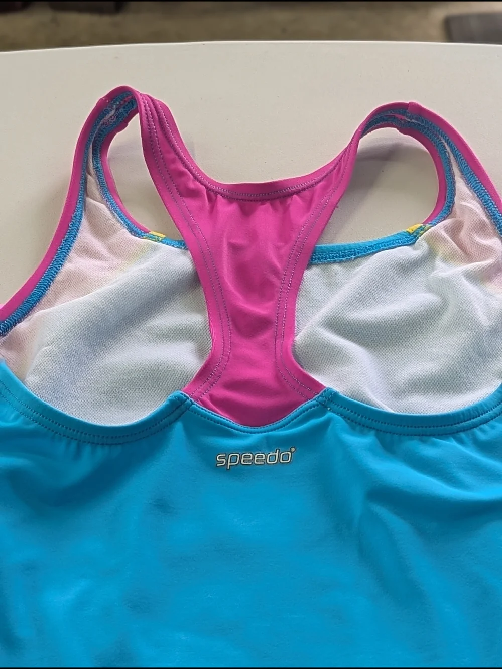 Speedo Girls Size 14 One Piece Swimsuit Blue Pink Colorblock Racerback Youth